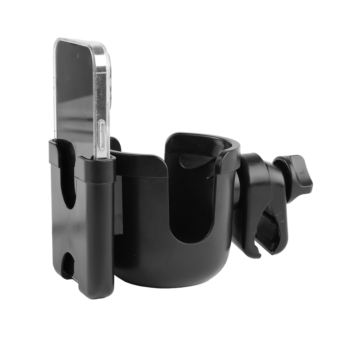 view of a cup holder with a cell phone slot in use